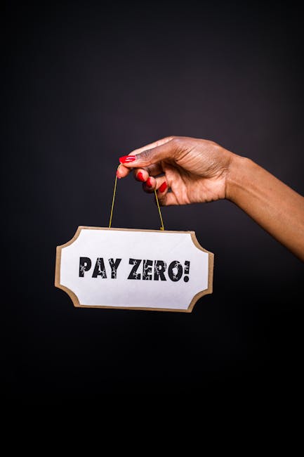 A close-up of a hand with red-painted nails holding a small, rectangular sign suspended by two thin strings. The sign has a white background with a beige border and bold black text reading 'PAY ZERO!'. The hand is positioned on the right side of the image against a dark, gradient background that transitions from black at the top to a slightly lighter shade below. The hand appears to be wearing no accessories and is seen from the side, with the fingers gently pinching the strings at the top of the sign. The overall scene suggests a visual emphasis on the message, with no additional objects or environment visible, and provides a neutral, professional tone suitable for discussing aspects of cost-free or alternative waste management or rubbish removal services offered by companies like Rubbish Removal Highbury.