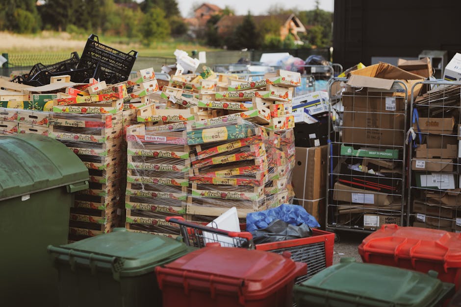 The image depicts an outdoor scene with multiple stacks of empty fruit boxes made of cardboard, featuring bright colors and printed labels, placed on a paved surface. These boxes are arranged in rows, some slightly leaning or overlapping, with a few black plastic crates visible on top or to the side. To the left, there are three large green wheelie bins with closed lids, positioned in front of the cardboard stacks. To the right, metal wire caddies filled with various cardboard boxes and packaging materials are visible, some partially open. A red plastic shopping basket and other miscellaneous items, including a blue plastic bag, are scattered on the ground near the bins. The background shows a rural environment with trees, grassy areas, and a wooden structure, suggesting an outdoor waste management or recycling area. The lighting indicates daylight with natural shadows, and the scene reflects a typical setup for private rubbish or packaging disposal, which local authorities might not handle directly, fitting within the context of alternative waste handling services like those offered by Rubbish Removal Highbury.