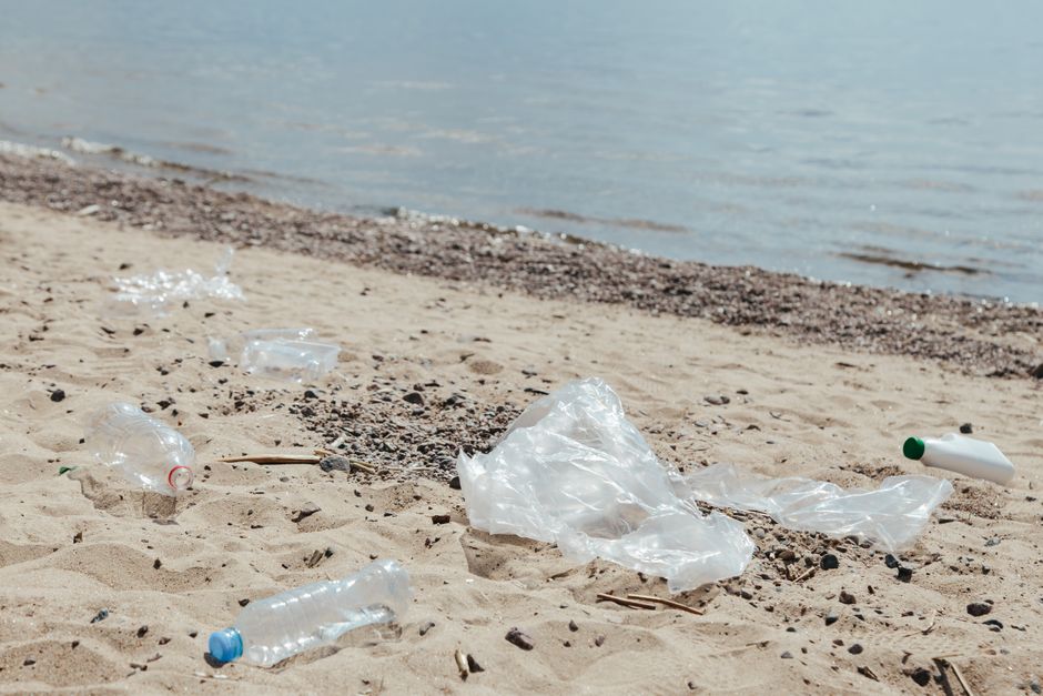 A sandy beach shoreline with scattered plastic waste, including several clear plastic bottles with blue, red, and green caps, and a crumpled plastic bag lying on the ground. Small pebbles and twigs are visible amongst the debris, with the calm water of a lake or sea in the background, extending to the horizon under diffuse lighting. The scene highlights the impact of improper waste disposal on natural environments, reflecting the importance of responsible rubbish removal and private waste handling solutions offered by companies such as Rubbish Removal Highbury. The image emphasizes the need for effective litter cleanup in outdoor areas to maintain ecological health and prevent pollution from plastic litter, related to the challenges encountered with accessing and removing rubbish in delicate or hard-to-reach outdoor environments.