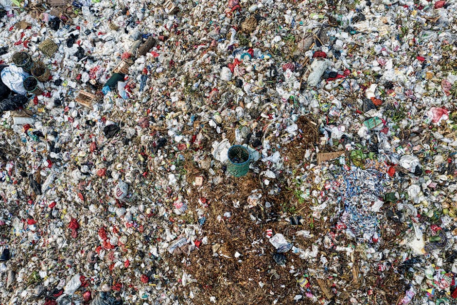 An expansive view of a densely packed landfill filled with mixed waste materials, predominantly consisting of plastic bottles, crumpled packaging, paper debris, and scraps of cardboard, creating a chaotic and unorganized surface. The waste items vary in color, including shades of white, red, blue, and green, with some containers partially crushed or deformed. Among the trash, a small blue plastic bucket is visible near the center, partially buried under the refuse. The terrain appears uneven, with some areas showing mounded heaps of rubbish, and parts of exposed brown earth hinting at underlying soil. Scattered across the scene are small pieces of organic matter, and an occasional glimpse of vegetable waste or plant material can be seen tangled within the plastic waste. The scene is illuminated by natural daylight, highlighting the diversity and texture of the accumulated refuse, illustrating the challenges of waste management and the importance of alternative rubbish disposal methods such as private collection services. The cluttered environment underscores the need for efficient rubbish removal, which companies like Rubbish Removal Highbury aim to address.
